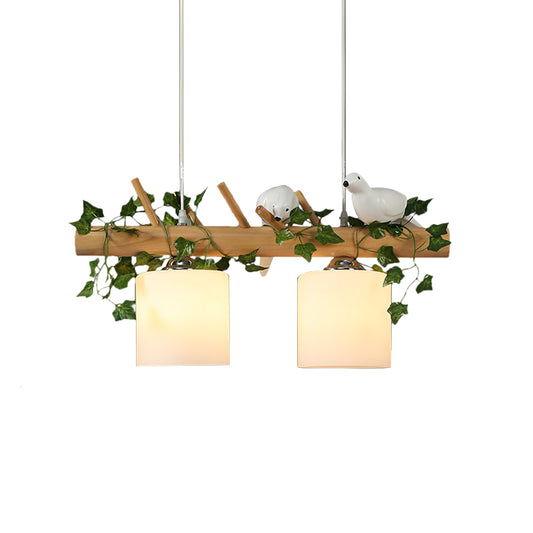 Ivory Glass Wood Island Light Cylinder 2/3 Bulbs Industrial Pendant Lamp with Maple/Green Leaf and Bird Decor Clearhalo 'Ceiling Lights' 'Close To Ceiling Lights' 'Glass shade' 'Glass' 'Island Lights' Lighting' 740398