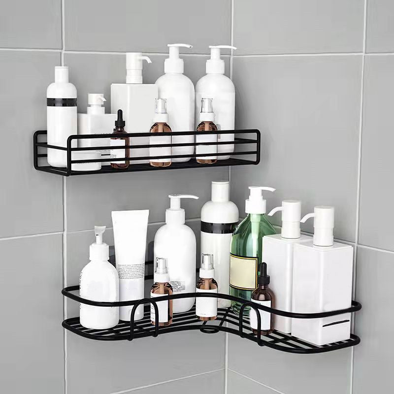 Modern Bath Hardware Set Adhesive Mount Bathroom Hardware Set with Bath Shelf Black 2-Piece Set Clearhalo 'Bathroom Hardware Sets' 'Bathroom Hardware' 'Bathroom Remodel & Bathroom Fixtures' 'bathroom_hardware_sets' 'Home Improvement' 'home_improvement' 'home_improvement_bathroom_hardware_sets' 7404854
