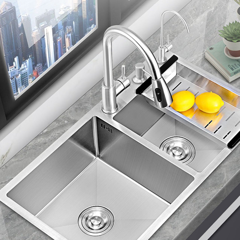Modern Style Kitchen Sink Soundproof Detail Kitchen Double Sink with Basket Strainer Clearhalo 'Home Improvement' 'home_improvement' 'home_improvement_kitchen_sinks' 'Kitchen Remodel & Kitchen Fixtures' 'Kitchen Sinks & Faucet Components' 'Kitchen Sinks' 'kitchen_sinks' 7406398