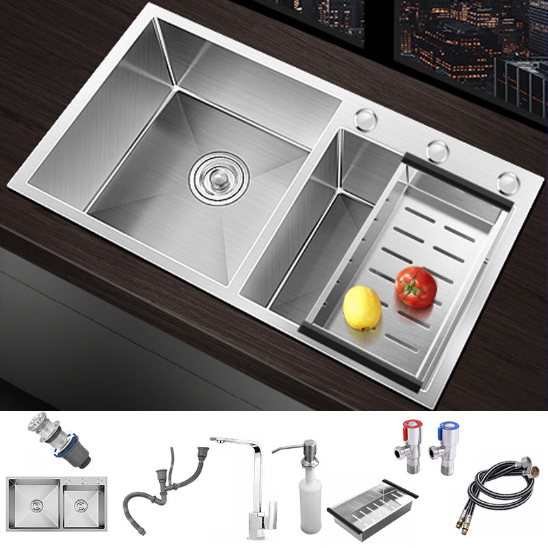 Modern Style Kitchen Sink Soundproof Detail Kitchen Double Sink with Basket Strainer Sink with Faucet Square Faucet Clearhalo 'Home Improvement' 'home_improvement' 'home_improvement_kitchen_sinks' 'Kitchen Remodel & Kitchen Fixtures' 'Kitchen Sinks & Faucet Components' 'Kitchen Sinks' 'kitchen_sinks' 7406401