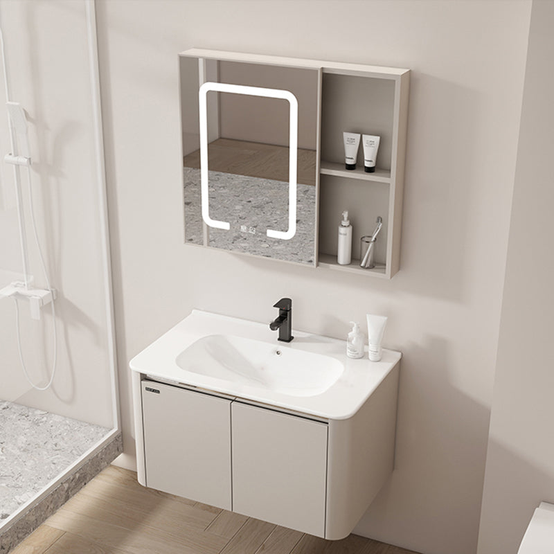 2 Doors Bathroom Vanity Metal Frame Mirror Wall Mounted Glam Cream Single Sink Vanity Vanity & Faucet & Demist Mirror Cabinet Clearhalo 'Bathroom Remodel & Bathroom Fixtures' 'Bathroom Vanities' 'bathroom_vanities' 'Home Improvement' 'home_improvement' 'home_improvement_bathroom_vanities' 7406496