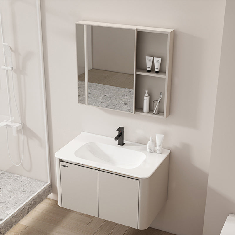 2 Doors Bathroom Vanity Metal Frame Mirror Wall Mounted Glam Cream Single Sink Vanity Vanity & Faucet & Mirror Cabinet Clearhalo 'Bathroom Remodel & Bathroom Fixtures' 'Bathroom Vanities' 'bathroom_vanities' 'Home Improvement' 'home_improvement' 'home_improvement_bathroom_vanities' 7406501