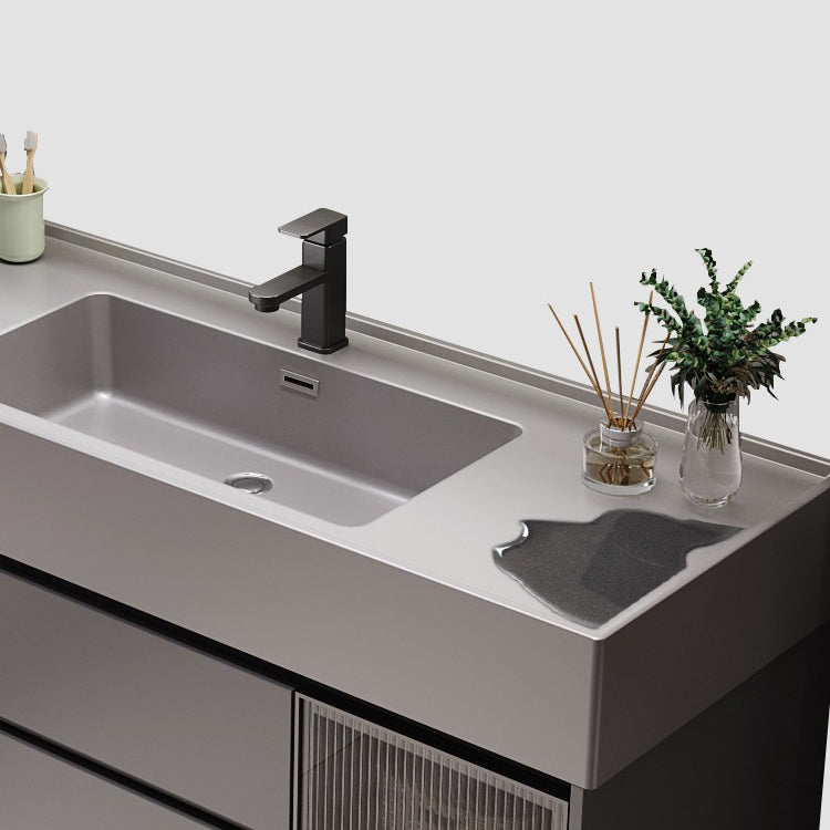 Wood Frame Bathroom Vanity Grey 2 Drawers Single Sink Mirror Wall Mount Rectangular Vanity Clearhalo 'Bathroom Remodel & Bathroom Fixtures' 'Bathroom Vanities' 'bathroom_vanities' 'Home Improvement' 'home_improvement' 'home_improvement_bathroom_vanities' 7406588