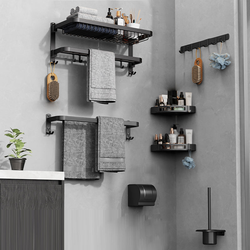 Minimalistic Black Bathroom Accessory Kit Paper Holder Towel Bar Bath Hardware Set 7-Piece Set Clearhalo 'Bathroom Hardware Sets' 'Bathroom Hardware' 'Bathroom Remodel & Bathroom Fixtures' 'bathroom_hardware_sets' 'Home Improvement' 'home_improvement' 'home_improvement_bathroom_hardware_sets' 7408494