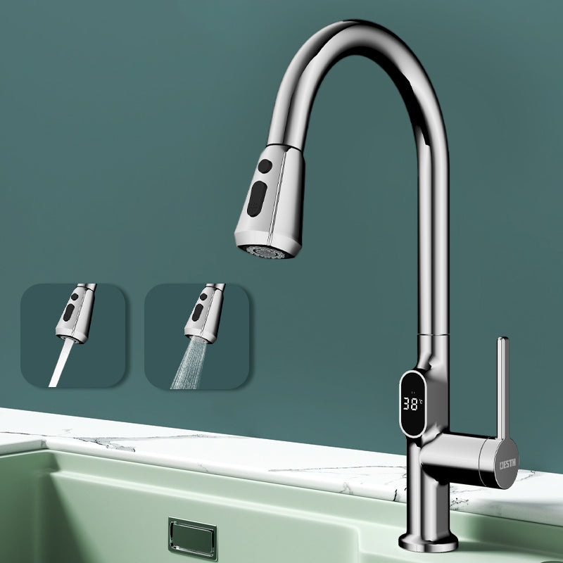 Digital Display Kitchen Faucet Touchless Sensor with Pull Out Sprayer Silver Clearhalo 'Home Improvement' 'home_improvement' 'home_improvement_kitchen_faucets' 'Kitchen Faucets' 'Kitchen Remodel & Kitchen Fixtures' 'Kitchen Sinks & Faucet Components' 'kitchen_faucets' 7409109