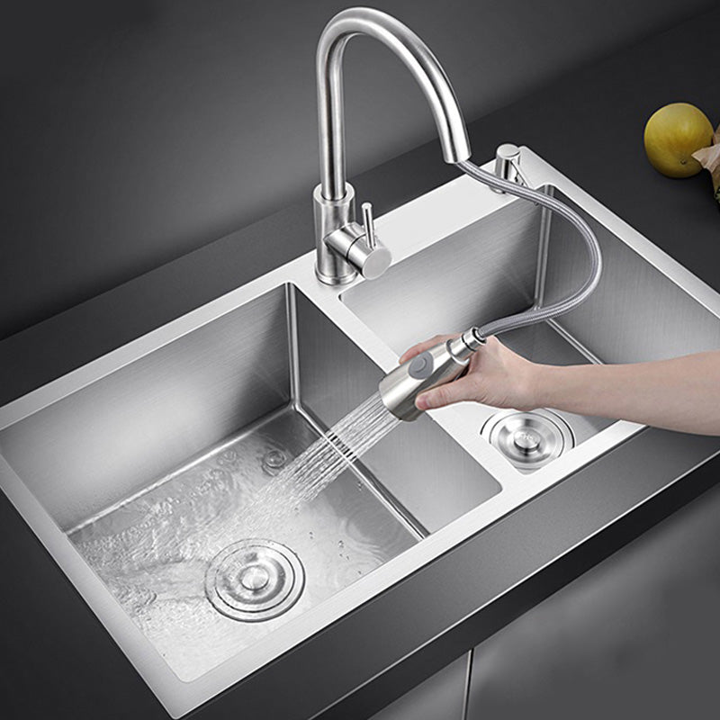 Contemporary Style Kitchen Sink Soundproof Detail Kitchen Double Sink with Basket Strainer Clearhalo 'Home Improvement' 'home_improvement' 'home_improvement_kitchen_sinks' 'Kitchen Remodel & Kitchen Fixtures' 'Kitchen Sinks & Faucet Components' 'Kitchen Sinks' 'kitchen_sinks' 7409887