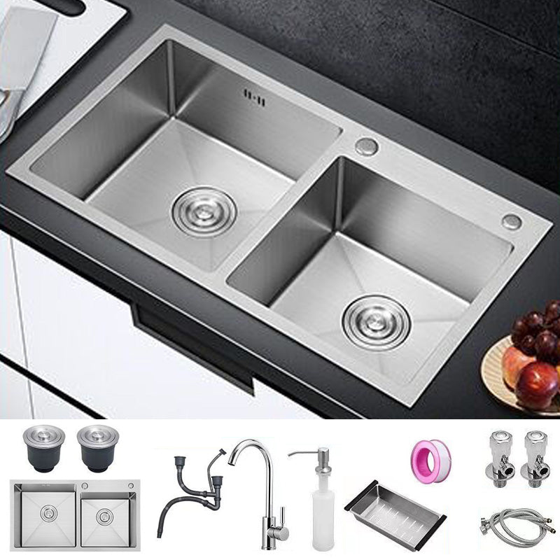 Contemporary Style Kitchen Sink Soundproof Detail Kitchen Double Sink with Basket Strainer Sink with Faucet Round Faucet Clearhalo 'Home Improvement' 'home_improvement' 'home_improvement_kitchen_sinks' 'Kitchen Remodel & Kitchen Fixtures' 'Kitchen Sinks & Faucet Components' 'Kitchen Sinks' 'kitchen_sinks' 7409889