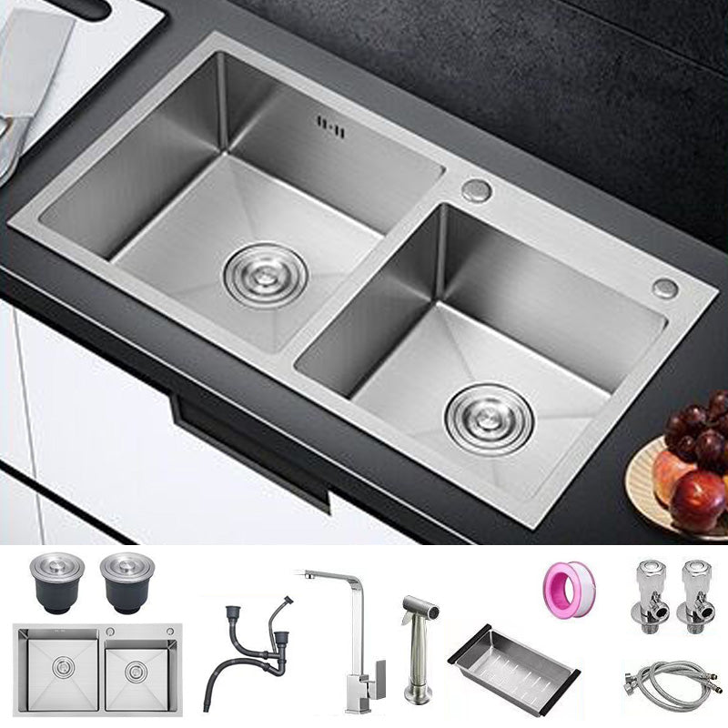 Contemporary Style Kitchen Sink Soundproof Detail Kitchen Double Sink with Basket Strainer Sink with Faucet Square Faucet & Spray Gun Clearhalo 'Home Improvement' 'home_improvement' 'home_improvement_kitchen_sinks' 'Kitchen Remodel & Kitchen Fixtures' 'Kitchen Sinks & Faucet Components' 'Kitchen Sinks' 'kitchen_sinks' 7409895