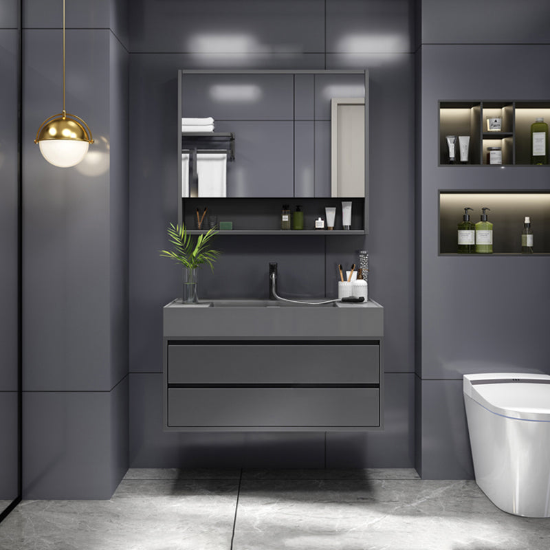 Grey Single Sink Vanity Wood Frame Mirror Rectangular Glam Faucet Vanity with 2 Drawers Vanity & Faucet & Mirror Cabinet 24"L x 20"W x 22"H Clearhalo 'Bathroom Remodel & Bathroom Fixtures' 'Bathroom Vanities' 'bathroom_vanities' 'Home Improvement' 'home_improvement' 'home_improvement_bathroom_vanities' 7410004