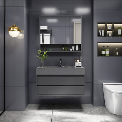 Grey Single Sink Vanity Wood Frame Mirror Rectangular Glam Faucet Vanity with 2 Drawers Vanity & Faucet & Mirror Cabinet 24"L x 20"W x 22"H Clearhalo 'Bathroom Remodel & Bathroom Fixtures' 'Bathroom Vanities' 'bathroom_vanities' 'Home Improvement' 'home_improvement' 'home_improvement_bathroom_vanities' 7410004