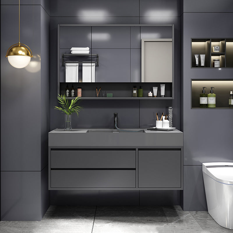 Grey Single Sink Vanity Wood Frame Mirror Rectangular Glam Faucet Vanity with 2 Drawers Vanity & Faucet & Mirror Cabinet 36"L x 20"W x 22"H Clearhalo 'Bathroom Remodel & Bathroom Fixtures' 'Bathroom Vanities' 'bathroom_vanities' 'Home Improvement' 'home_improvement' 'home_improvement_bathroom_vanities' 7410009