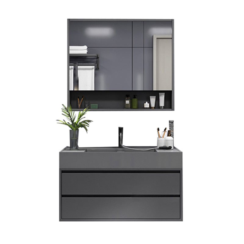 Grey Single Sink Vanity Wood Frame Mirror Rectangular Glam Faucet Vanity with 2 Drawers Clearhalo 'Bathroom Remodel & Bathroom Fixtures' 'Bathroom Vanities' 'bathroom_vanities' 'Home Improvement' 'home_improvement' 'home_improvement_bathroom_vanities' 7410012