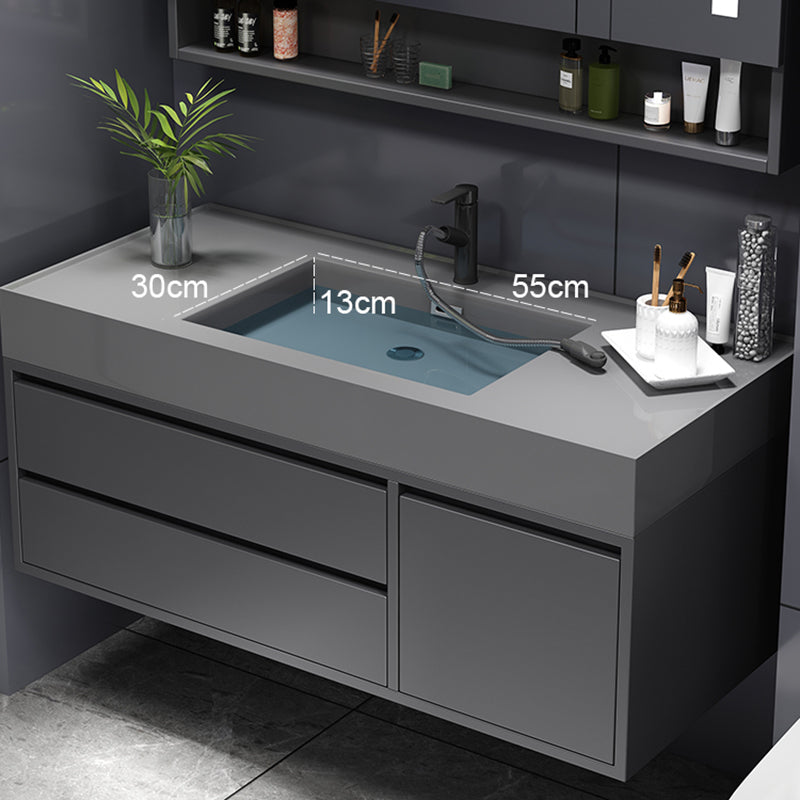 Grey Single Sink Vanity Wood Frame Mirror Rectangular Glam Faucet Vanity with 2 Drawers Clearhalo 'Bathroom Remodel & Bathroom Fixtures' 'Bathroom Vanities' 'bathroom_vanities' 'Home Improvement' 'home_improvement' 'home_improvement_bathroom_vanities' 7410014