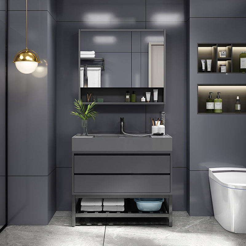 Grey Single Sink Vanity Wood Frame Mirror Rectangular Glam Faucet Vanity with 2 Drawers Vanity & Faucet & Mirror Cabinet 24"L x 20"W x 32"H Clearhalo 'Bathroom Remodel & Bathroom Fixtures' 'Bathroom Vanities' 'bathroom_vanities' 'Home Improvement' 'home_improvement' 'home_improvement_bathroom_vanities' 7410015