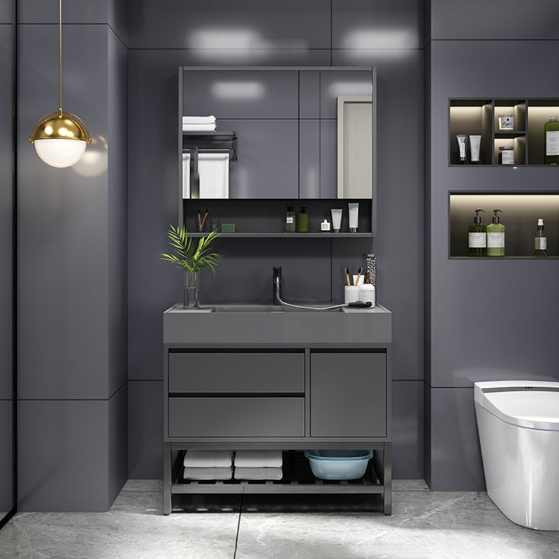 Grey Single Sink Vanity Wood Frame Mirror Rectangular Glam Faucet Vanity with 2 Drawers Vanity & Faucet & Mirror Cabinet 28"L x 20"W x 32"H Clearhalo 'Bathroom Remodel & Bathroom Fixtures' 'Bathroom Vanities' 'bathroom_vanities' 'Home Improvement' 'home_improvement' 'home_improvement_bathroom_vanities' 7410017