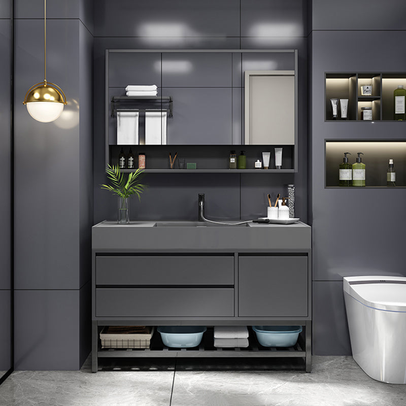 Grey Single Sink Vanity Wood Frame Mirror Rectangular Glam Faucet Vanity with 2 Drawers Vanity & Faucet & Mirror Cabinet 40"L x 20"W x 32"H Clearhalo 'Bathroom Remodel & Bathroom Fixtures' 'Bathroom Vanities' 'bathroom_vanities' 'Home Improvement' 'home_improvement' 'home_improvement_bathroom_vanities' 7410023