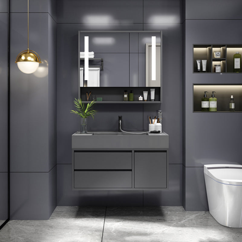 Grey Single Sink Vanity Wood Frame Mirror Rectangular Glam Faucet Vanity with 2 Drawers Vanity & Faucet & Smart Medicine Cabinet 28"L x 20"W x 22"H Clearhalo 'Bathroom Remodel & Bathroom Fixtures' 'Bathroom Vanities' 'bathroom_vanities' 'Home Improvement' 'home_improvement' 'home_improvement_bathroom_vanities' 7410026