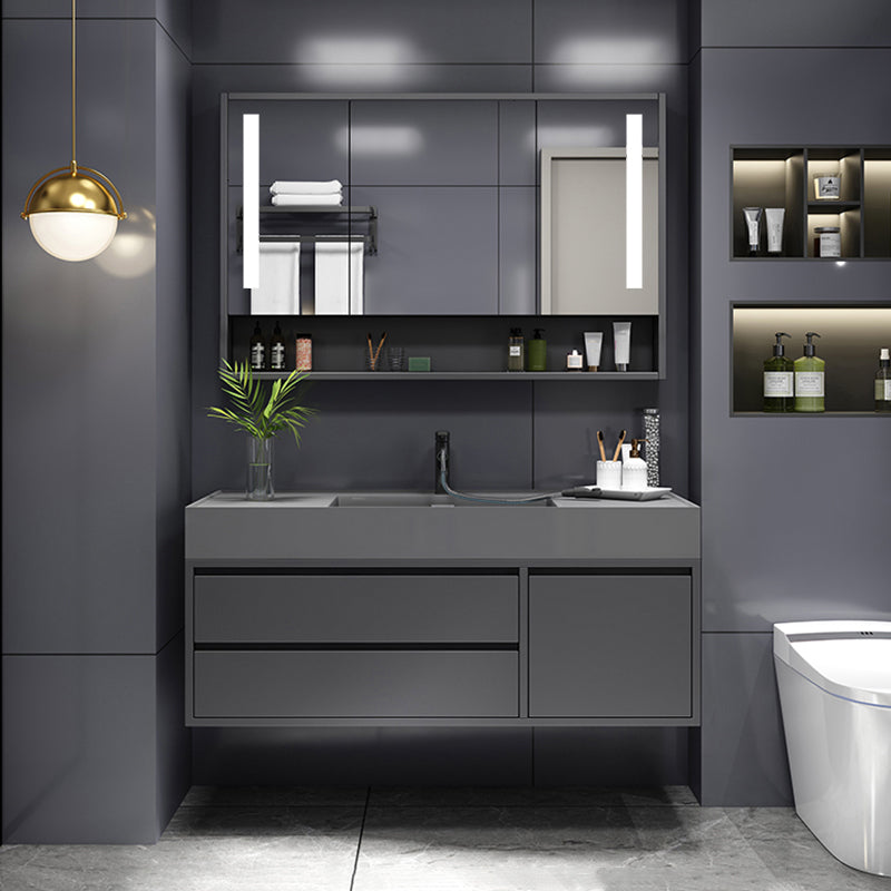 Grey Single Sink Vanity Wood Frame Mirror Rectangular Glam Faucet Vanity with 2 Drawers Vanity & Faucet & Smart Medicine Cabinet 40"L x 20"W x 22"H Clearhalo 'Bathroom Remodel & Bathroom Fixtures' 'Bathroom Vanities' 'bathroom_vanities' 'Home Improvement' 'home_improvement' 'home_improvement_bathroom_vanities' 7410029