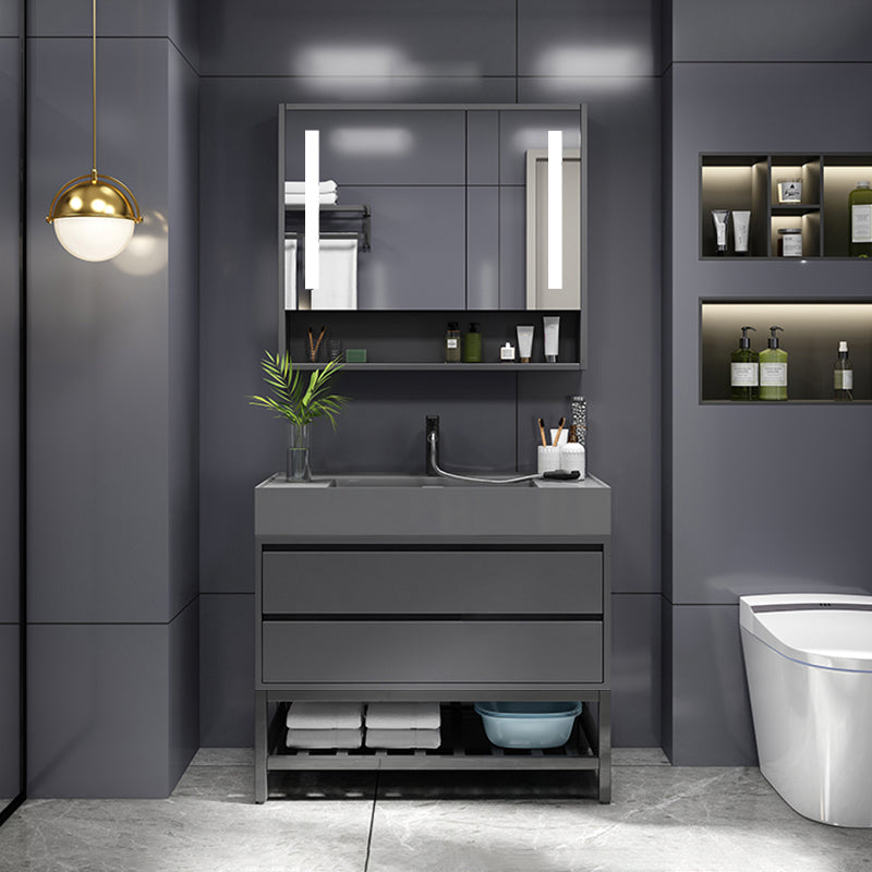 Grey Single Sink Vanity Wood Frame Mirror Rectangular Glam Faucet Vanity with 2 Drawers Vanity & Faucet & Smart Medicine Cabinet 24"L x 20"W x 32"H Clearhalo 'Bathroom Remodel & Bathroom Fixtures' 'Bathroom Vanities' 'bathroom_vanities' 'Home Improvement' 'home_improvement' 'home_improvement_bathroom_vanities' 7410031