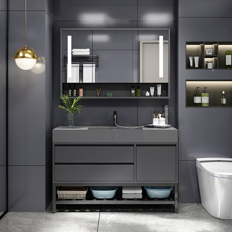 Grey Single Sink Vanity Wood Frame Mirror Rectangular Glam Faucet Vanity with 2 Drawers Vanity & Faucet & Smart Medicine Cabinet 36"L x 20"W x 32"H Clearhalo 'Bathroom Remodel & Bathroom Fixtures' 'Bathroom Vanities' 'bathroom_vanities' 'Home Improvement' 'home_improvement' 'home_improvement_bathroom_vanities' 7410034