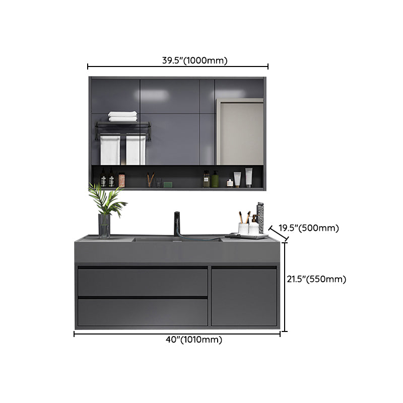Grey Single Sink Vanity Wood Frame Mirror Rectangular Glam Faucet Vanity with 2 Drawers Clearhalo 'Bathroom Remodel & Bathroom Fixtures' 'Bathroom Vanities' 'bathroom_vanities' 'Home Improvement' 'home_improvement' 'home_improvement_bathroom_vanities' 7410041