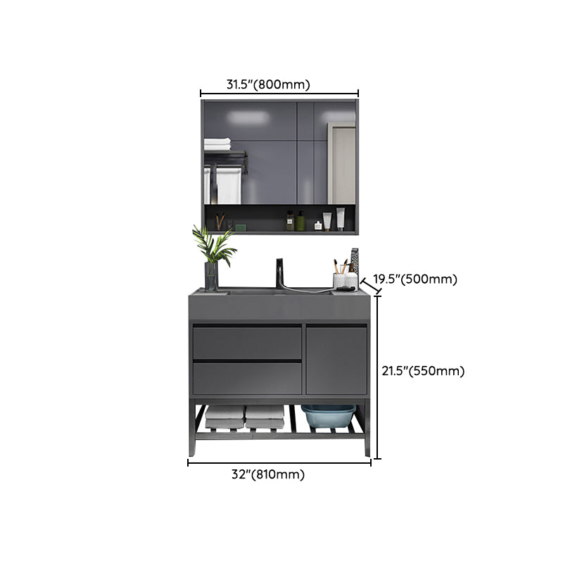 Grey Single Sink Vanity Wood Frame Mirror Rectangular Glam Faucet Vanity with 2 Drawers Clearhalo 'Bathroom Remodel & Bathroom Fixtures' 'Bathroom Vanities' 'bathroom_vanities' 'Home Improvement' 'home_improvement' 'home_improvement_bathroom_vanities' 7410045