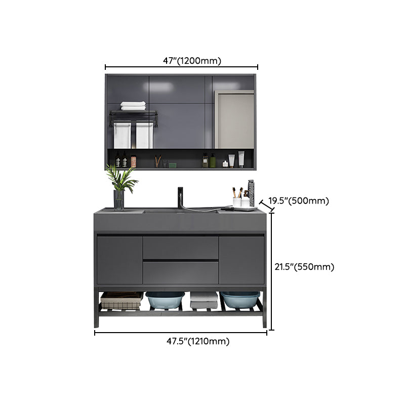 Grey Single Sink Vanity Wood Frame Mirror Rectangular Glam Faucet Vanity with 2 Drawers Clearhalo 'Bathroom Remodel & Bathroom Fixtures' 'Bathroom Vanities' 'bathroom_vanities' 'Home Improvement' 'home_improvement' 'home_improvement_bathroom_vanities' 7410048