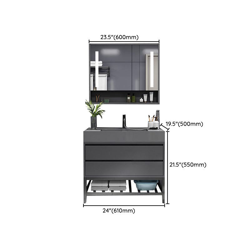 Grey Single Sink Vanity Wood Frame Mirror Rectangular Glam Faucet Vanity with 2 Drawers Clearhalo 'Bathroom Remodel & Bathroom Fixtures' 'Bathroom Vanities' 'bathroom_vanities' 'Home Improvement' 'home_improvement' 'home_improvement_bathroom_vanities' 7410055