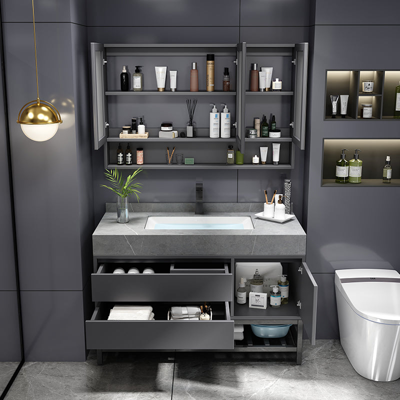 Mirror Vanity Grey Wood Frame Glam 2 Drawers Single Sink Rectangular Vanity with Faucet Clearhalo 'Bathroom Remodel & Bathroom Fixtures' 'Bathroom Vanities' 'bathroom_vanities' 'Home Improvement' 'home_improvement' 'home_improvement_bathroom_vanities' 7410061