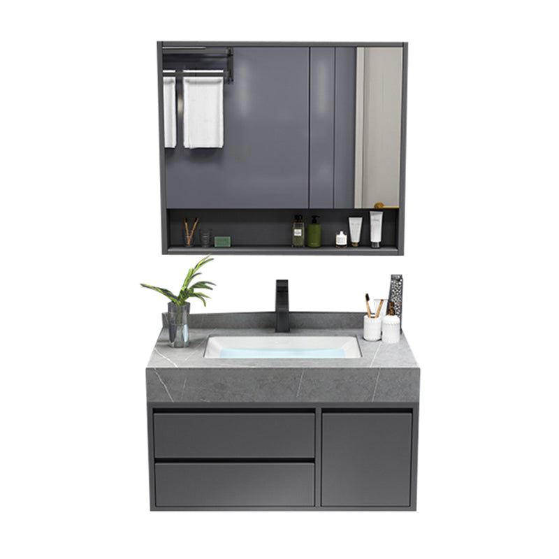 Mirror Vanity Grey Wood Frame Glam 2 Drawers Single Sink Rectangular Vanity with Faucet Vanity & Faucet & Mirror Cabinet 28"L x 20"W x 22"H Clearhalo 'Bathroom Remodel & Bathroom Fixtures' 'Bathroom Vanities' 'bathroom_vanities' 'Home Improvement' 'home_improvement' 'home_improvement_bathroom_vanities' 7410063