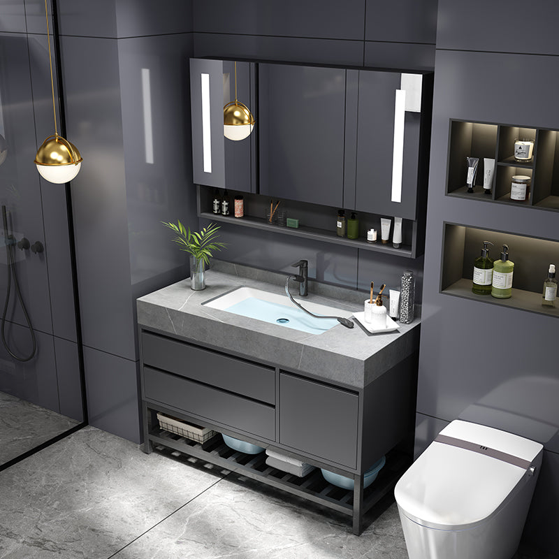 Mirror Vanity Grey Wood Frame Glam 2 Drawers Single Sink Rectangular Vanity with Faucet Clearhalo 'Bathroom Remodel & Bathroom Fixtures' 'Bathroom Vanities' 'bathroom_vanities' 'Home Improvement' 'home_improvement' 'home_improvement_bathroom_vanities' 7410064