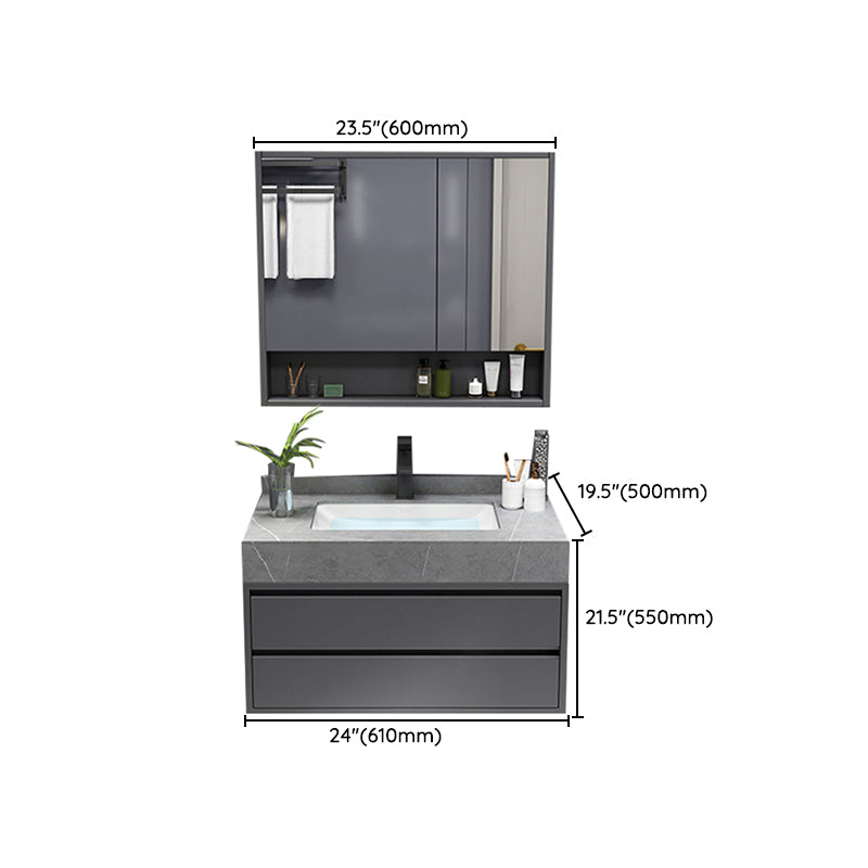 Mirror Vanity Grey Wood Frame Glam 2 Drawers Single Sink Rectangular Vanity with Faucet Clearhalo 'Bathroom Remodel & Bathroom Fixtures' 'Bathroom Vanities' 'bathroom_vanities' 'Home Improvement' 'home_improvement' 'home_improvement_bathroom_vanities' 7410095