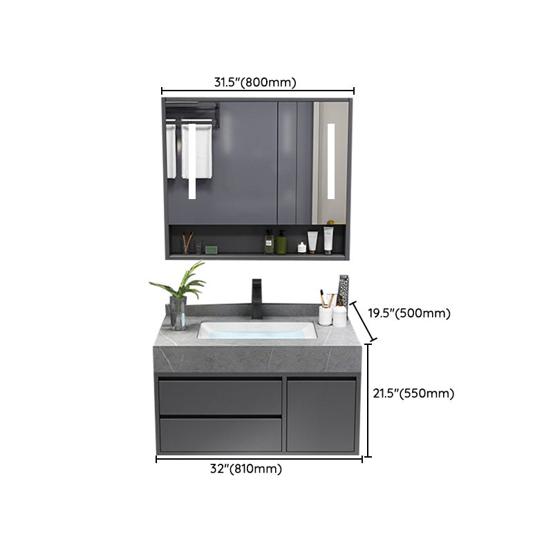 Mirror Vanity Grey Wood Frame Glam 2 Drawers Single Sink Rectangular Vanity with Faucet Clearhalo 'Bathroom Remodel & Bathroom Fixtures' 'Bathroom Vanities' 'bathroom_vanities' 'Home Improvement' 'home_improvement' 'home_improvement_bathroom_vanities' 7410109