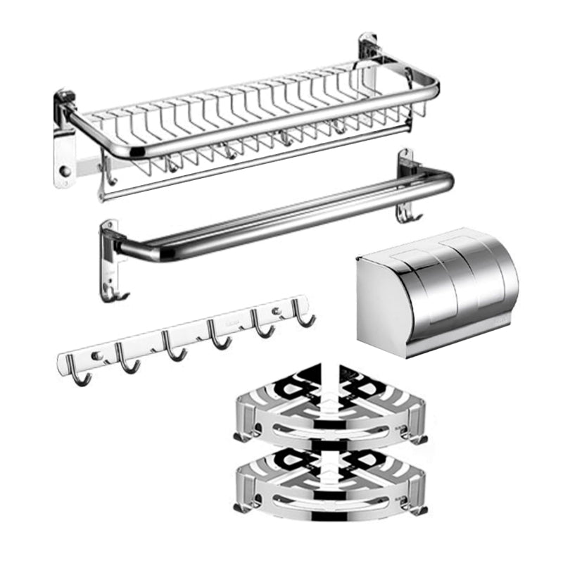 Minimalistic Bathroom Accessory Kit Paper Holder Towel Bar Stainless Steel Bathroom Set 6-Piece Set (Row Hook) Clearhalo 'Bathroom Hardware Sets' 'Bathroom Hardware' 'Bathroom Remodel & Bathroom Fixtures' 'bathroom_hardware_sets' 'Home Improvement' 'home_improvement' 'home_improvement_bathroom_hardware_sets' 7413275