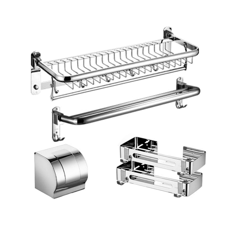 Minimalistic Bathroom Accessory Kit Paper Holder Towel Bar Stainless Steel Bathroom Set 5-Piece Set (Square Bath Shelf) Clearhalo 'Bathroom Hardware Sets' 'Bathroom Hardware' 'Bathroom Remodel & Bathroom Fixtures' 'bathroom_hardware_sets' 'Home Improvement' 'home_improvement' 'home_improvement_bathroom_hardware_sets' 7413280