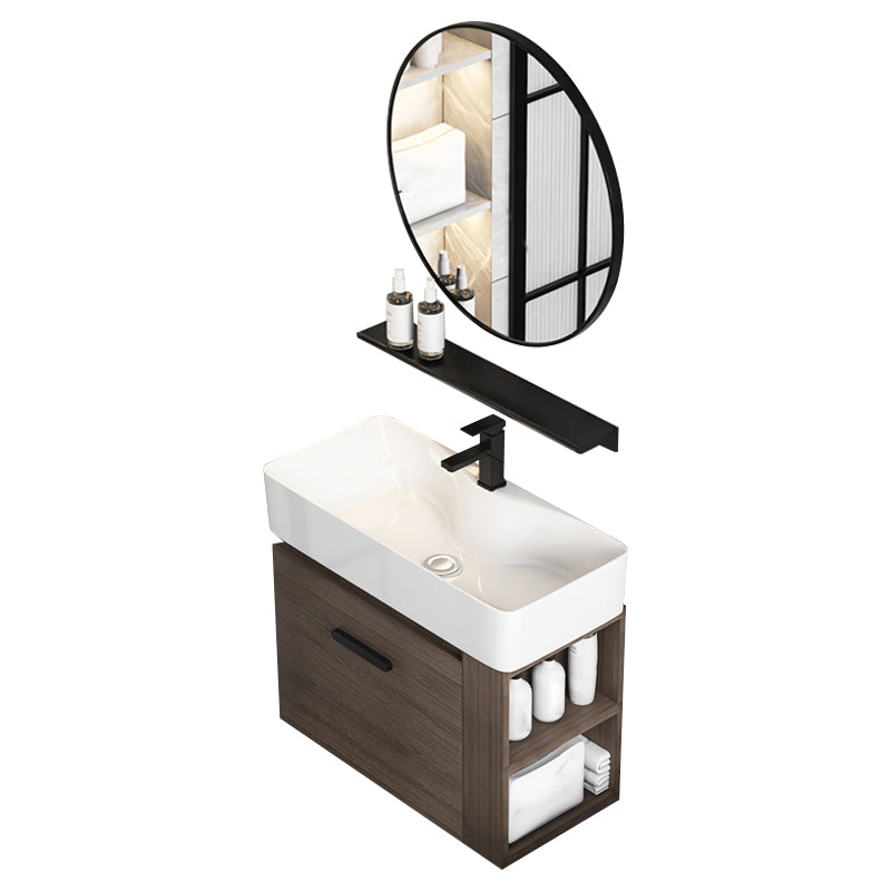 Modern Single Sink Vanity Wall Mount Brown Wooden Vanity Set Vanity & Faucet & Mirrors 22"L x 12"W x 20"H Clearhalo 'Bathroom Remodel & Bathroom Fixtures' 'Bathroom Vanities' 'bathroom_vanities' 'Home Improvement' 'home_improvement' 'home_improvement_bathroom_vanities' 7416396