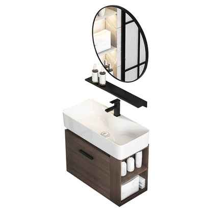Modern Single Sink Vanity Wall Mount Brown Wooden Vanity Set Vanity & Faucet & Mirrors 22"L x 12"W x 20"H Clearhalo 'Bathroom Remodel & Bathroom Fixtures' 'Bathroom Vanities' 'bathroom_vanities' 'Home Improvement' 'home_improvement' 'home_improvement_bathroom_vanities' 7416396