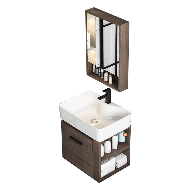 Modern Single Sink Vanity Wall Mount Brown Wooden Vanity Set Vanity & Faucet & Mirror Cabinet 19"L x 15"W x 20"H Clearhalo 'Bathroom Remodel & Bathroom Fixtures' 'Bathroom Vanities' 'bathroom_vanities' 'Home Improvement' 'home_improvement' 'home_improvement_bathroom_vanities' 7416402