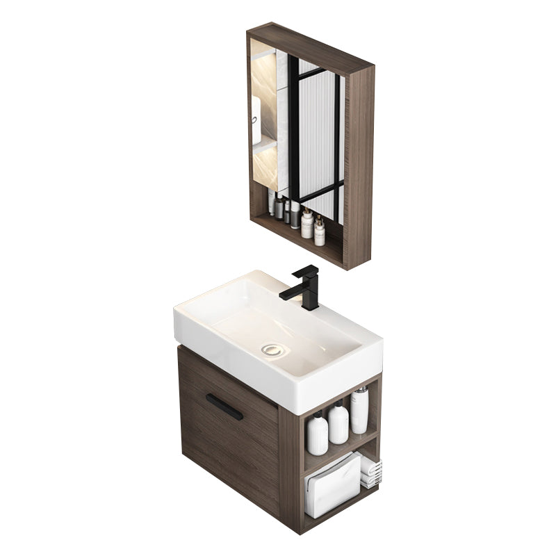 Modern Single Sink Vanity Wall Mount Brown Wooden Vanity Set Vanity & Faucet & Mirror Cabinet 20"L x 14"W x 20"H Clearhalo 'Bathroom Remodel & Bathroom Fixtures' 'Bathroom Vanities' 'bathroom_vanities' 'Home Improvement' 'home_improvement' 'home_improvement_bathroom_vanities' 7416405