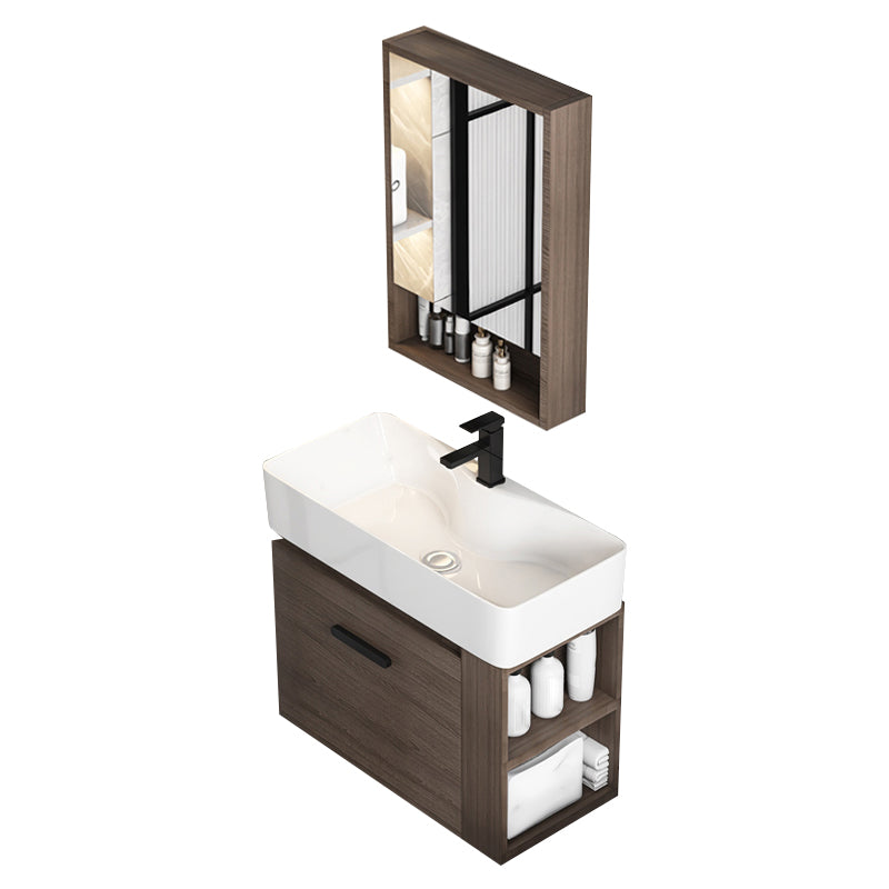Modern Single Sink Vanity Wall Mount Brown Wooden Vanity Set Vanity & Faucet & Mirror Cabinet 22"L x 12"W x 20"H Clearhalo 'Bathroom Remodel & Bathroom Fixtures' 'Bathroom Vanities' 'bathroom_vanities' 'Home Improvement' 'home_improvement' 'home_improvement_bathroom_vanities' 7416406