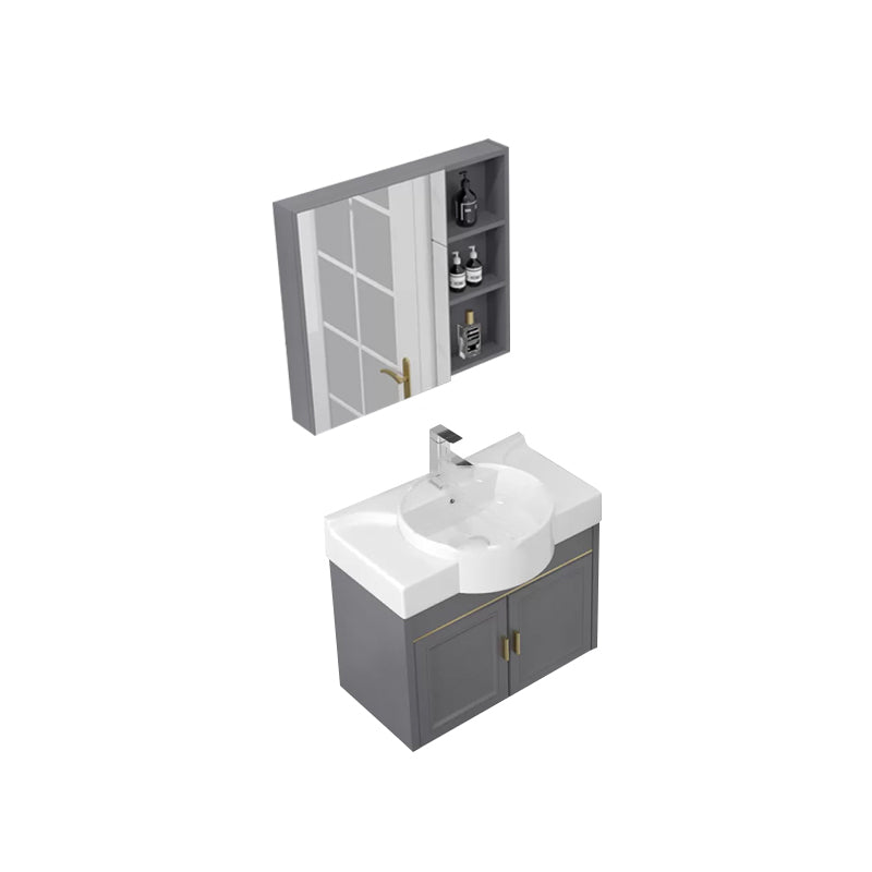 Glam Metal Base Vanity Wall Mount Bath Vanity Set with Soft Close Door Vanity & Faucet & Mirror Cabinet 26"L x 16"W x 20"H Gray Clearhalo 'Bathroom Remodel & Bathroom Fixtures' 'Bathroom Vanities' 'bathroom_vanities' 'Home Improvement' 'home_improvement' 'home_improvement_bathroom_vanities' 7416501