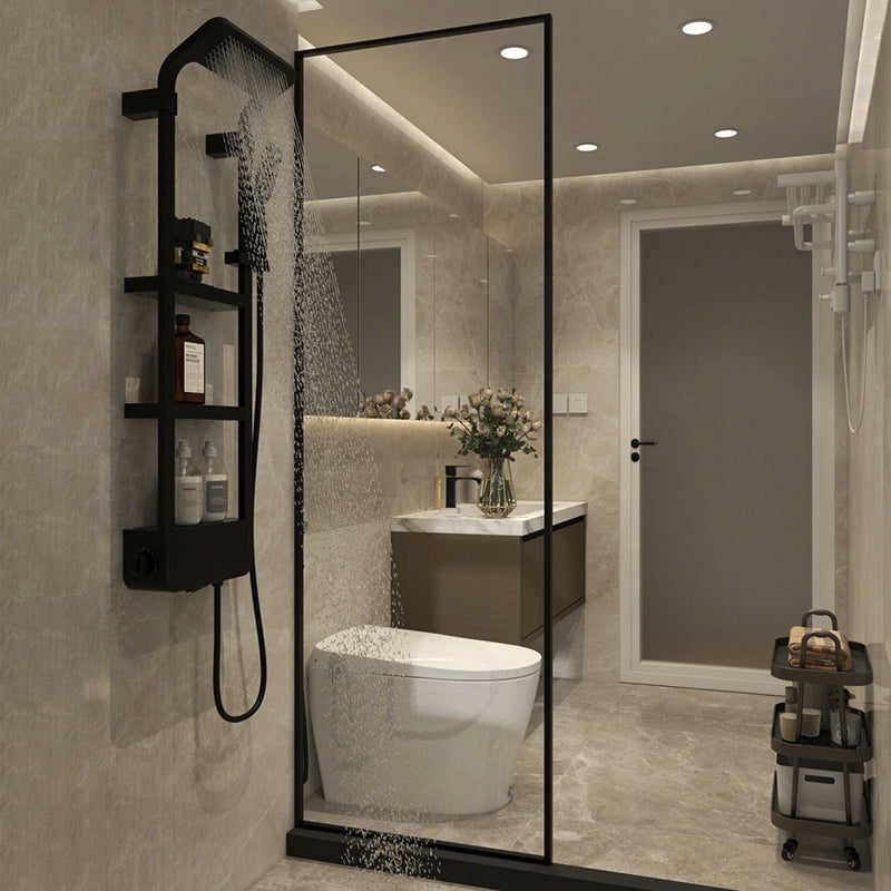 Black Fixed Shower Screen Full Frame Half Partition Shower Door Clearhalo 'Bathroom Remodel & Bathroom Fixtures' 'Home Improvement' 'home_improvement' 'home_improvement_shower_tub_doors' 'Shower and Tub Doors' 'shower_tub_doors' 'Showers & Bathtubs' 7417146