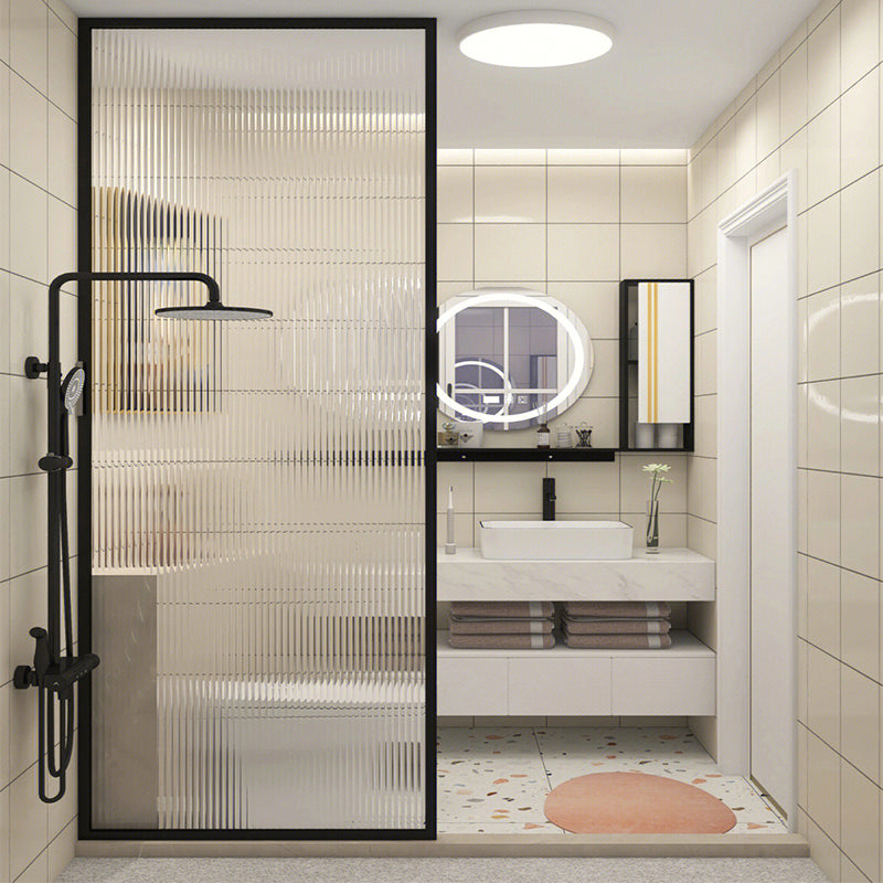 Black Fixed Shower Screen Full Frame Half Partition Shower Door Clearhalo 'Bathroom Remodel & Bathroom Fixtures' 'Home Improvement' 'home_improvement' 'home_improvement_shower_tub_doors' 'Shower and Tub Doors' 'shower_tub_doors' 'Showers & Bathtubs' 7417147