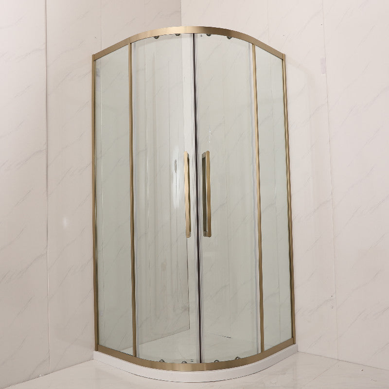 Clear Tempered Glass Shower Stall Round Shower Enclosure on Corner 35.4"L x 35.4"W x 76.8"H Gold Clearhalo 'Bathroom Remodel & Bathroom Fixtures' 'Home Improvement' 'home_improvement' 'home_improvement_shower_stalls_enclosures' 'Shower Stalls & Enclosures' 'shower_stalls_enclosures' 'Showers & Bathtubs' 7417258