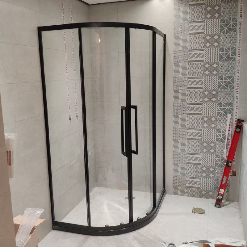 Clear Tempered Glass Shower Stall Round Shower Enclosure on Corner 35.4"L x 35.4"W x 76.8"H Black Clearhalo 'Bathroom Remodel & Bathroom Fixtures' 'Home Improvement' 'home_improvement' 'home_improvement_shower_stalls_enclosures' 'Shower Stalls & Enclosures' 'shower_stalls_enclosures' 'Showers & Bathtubs' 7417260