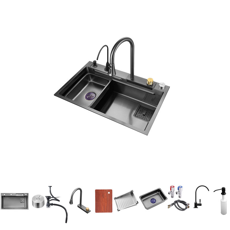 Single Bowl Kitchen Sink Stainless Steel Kitchen Sink with Cutting-Board Pull Out Water Filter Double Faucet & Deck Control Drain Clearhalo 'Home Improvement' 'home_improvement' 'home_improvement_kitchen_sinks' 'Kitchen Remodel & Kitchen Fixtures' 'Kitchen Sinks & Faucet Components' 'Kitchen Sinks' 'kitchen_sinks' 7423900