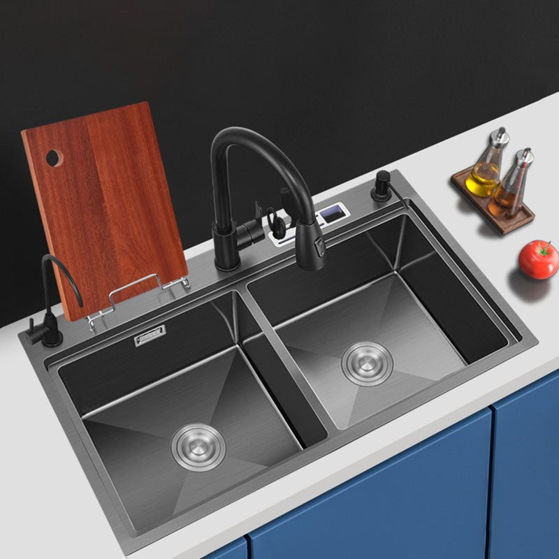 Stainless Steel Kitchen Sink Drop-In Double Bowl Kitchen Sink 35"L x 19"W x 9"H Pull Out Faucet Clearhalo 'Home Improvement' 'home_improvement' 'home_improvement_kitchen_sinks' 'Kitchen Remodel & Kitchen Fixtures' 'Kitchen Sinks & Faucet Components' 'Kitchen Sinks' 'kitchen_sinks' 7424021