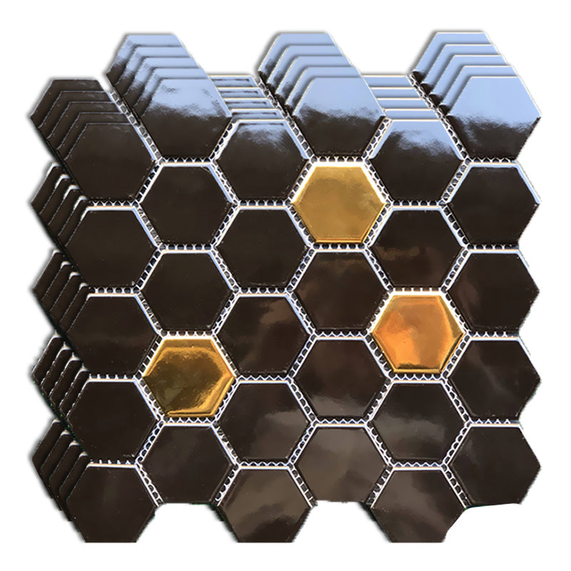 Wall and Floor Tile Straight Edge Geometric Pattern Wall and Floor Tile Black-Gold 10.6"L x 11.4"W x 0.2"H Clearhalo 'Floor Tiles & Wall Tiles' 'floor_tiles_wall_tiles' 'Flooring 'Home Improvement' 'home_improvement' 'home_improvement_floor_tiles_wall_tiles' Walls and Ceiling' 7424143