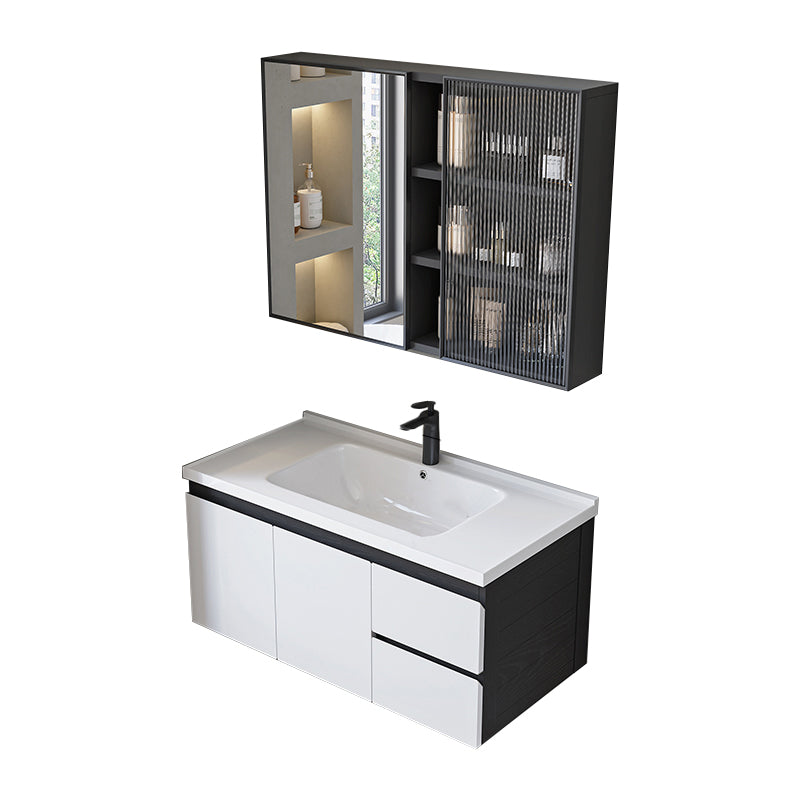 Modern Single Bathroom Vanity White Ceramic Rectangular Wall Mount Vanity Set Vanity & Faucet & Mirror Cabinet 2 Clearhalo 'Bathroom Remodel & Bathroom Fixtures' 'Bathroom Vanities' 'bathroom_vanities' 'Home Improvement' 'home_improvement' 'home_improvement_bathroom_vanities' 7433115