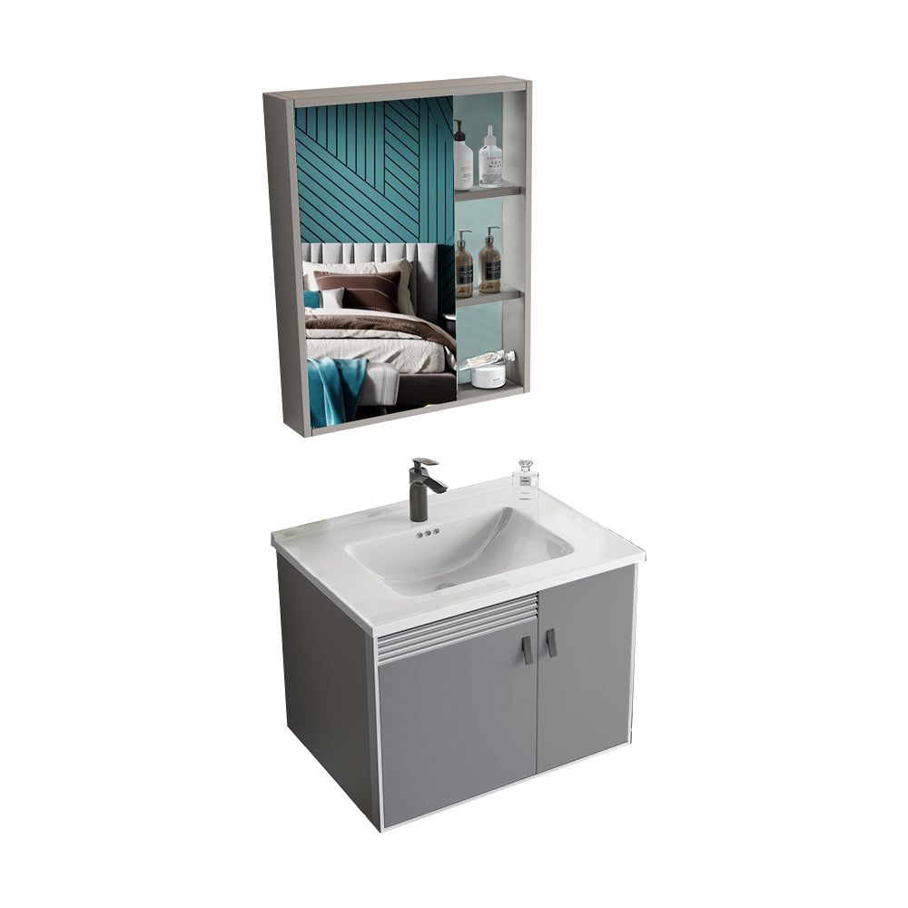 Metal Base Sink Vanity Modern Wall Mount Gray Single-Sink Rectangular Vanity Set Vanity & Faucet & Mirror Cabinet 24"L x 19"W x 17"H Ceramic Clearhalo 'Bathroom Remodel & Bathroom Fixtures' 'Bathroom Vanities' 'bathroom_vanities' 'Home Improvement' 'home_improvement' 'home_improvement_bathroom_vanities' 7433158